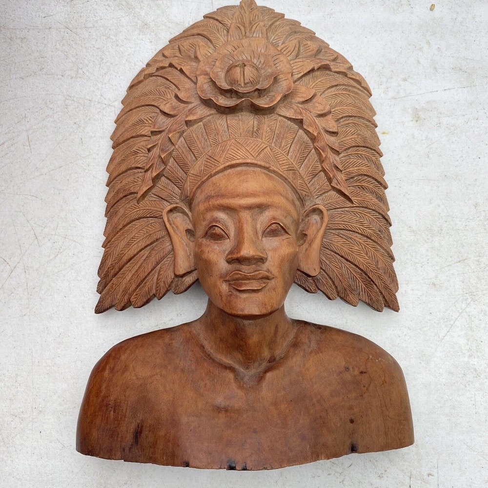 Bali Hand Carved Wood Woman Goddess Bust Head VINTAGE Large 15”